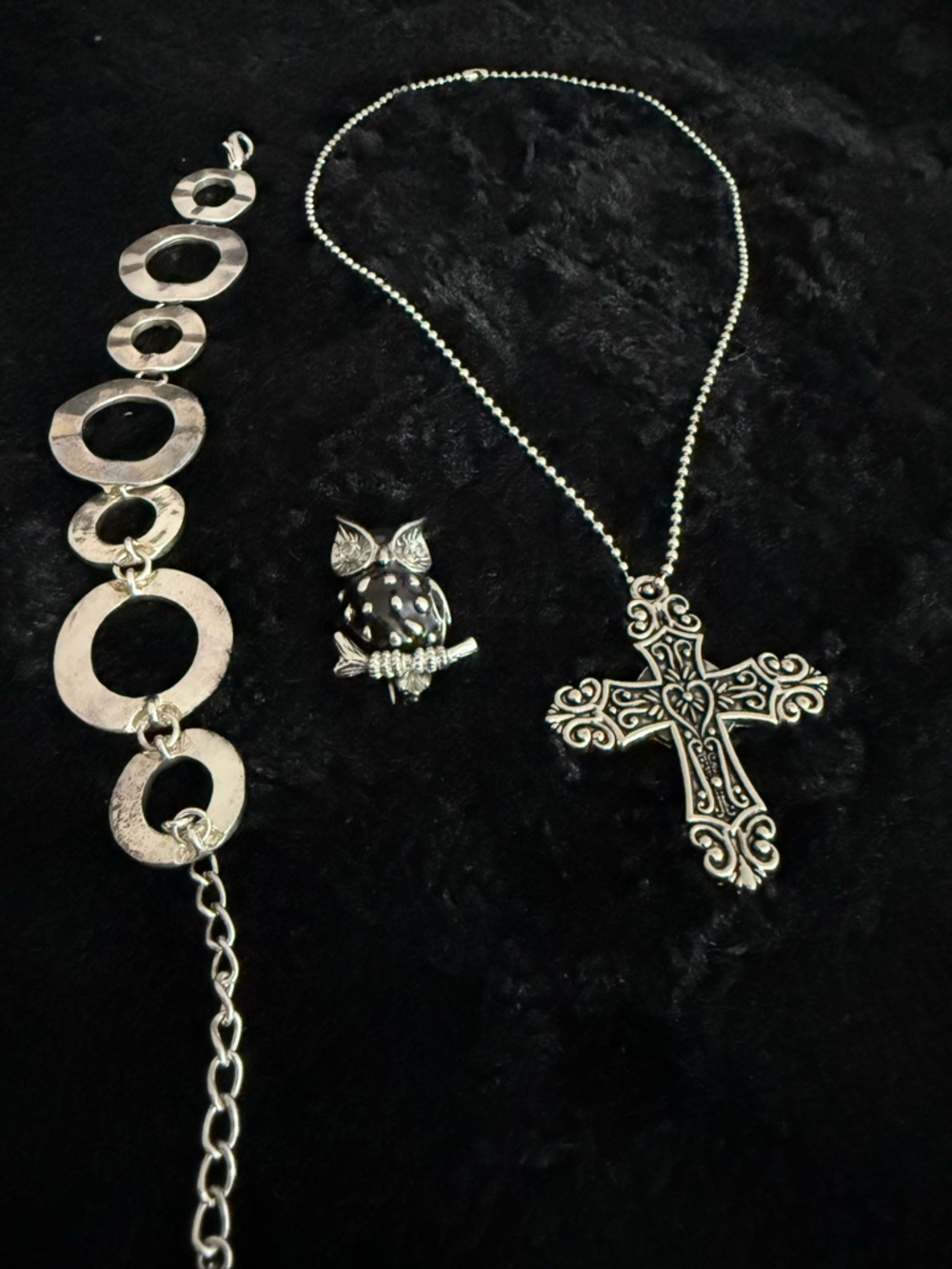 Curated Silver Myth Jewelry Bundle Cross Owl Bracelet Goth Whimsy
